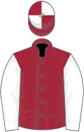 Maroon, white sleeves, maroon and white quartered cap