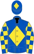 Royal blue, yellow diamond, checked sleeves, royal blue cap, yellow diamond