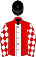 Red, white panel, white diamonds on sleeves, black cap