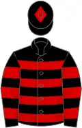 Black and red hoops, black cap, red diamond