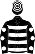 Black, white hoops, spots on sleeves, hooped cap
