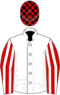 White, red and white striped sleeves, black and red check cap