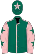 Dark green, pink seams, pink sleeves, dark green stars, dark green cap, pink star
