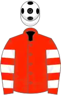 Scarlet, White hooped sleeves and cap with Black spots
