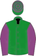 GREEN, PLUM sleeves, hooped cap