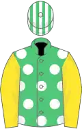 Emerald green, white spots, yellow sleeves, emerald green and white striped cap