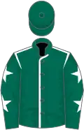 Dark green, white seams, white stars on sleeves, dark green cap