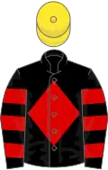 Black, red diamond, hooped sleeves, yellow cap