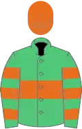 Emerald green, orange hoop, hooped sleeves, orange cap