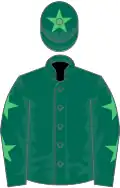 Dark green, emerald green stars on sleeves, dark green cap, emerald green star