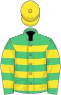 Emerald green, yellow hoops, yellow cap