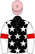 Black, white stars, white sleeves, red armlets, pink cap