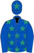 Royal blue, emerald green stars, royal blue sleeves, royal blue cap, emerald green star