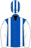 Royal blue, white braces and sleeves, white and royal blue striped cap