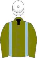 Olive green, light blue braces, white cap