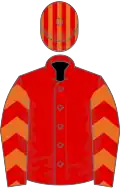 Red, orange chevrons on sleeves, striped cap