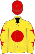 Yellow, red disc, yellow sleeves, red stars, red cap