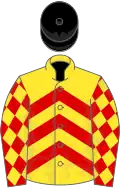 Yellow, red chevrons, red sleeves, yellow diamonds, black cap