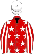 Red, White stars, striped sleeves, White cap