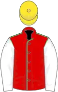 Red, emerald green seams, white sleeves, yellow cap