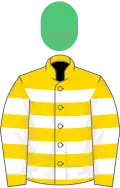 Gold, white hoops, emerald green cap