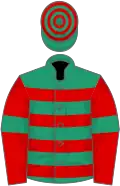 Emerald green, red hoops, red sleeves, emerald green armlets