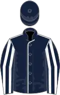 Dark blue, white seams, striped sleeves, dark blue cap