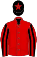 Red, black striped sleeves, black cap, red star
