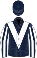 Dark blue, white chevron, white and dark blue striped sleeves, dark blue cap