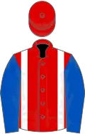 Red, white braces, royal blue sleeves