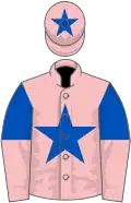 Pink, royal blue star, royal blue and pink halved sleeves, pink cap, royal blue star