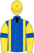 Royal blue, yellow braces, yellow sleeves, royal blue armlets, yellow cap