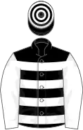 Black, white hoops and sleeves, hooped cap