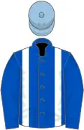 Royal blue, white braces, light blue cap