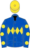 Royal blue, yellow triple diamond, royal blue sleeves, yellow spots, yellow cap