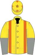Yellow, orange braces, yellow and grey halved sleeves, yellow cap, orange stars