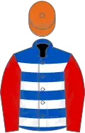 Royal blue and white hoops, red sleeves, orange cap