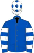 Royal blue, white hooped sleeves, white cap, royal blue spots