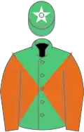 Emerald green and orange diabolo, orange sleeves, emerald green cap, white star