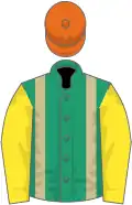 Emerald green, beige braces, yellow sleeves, orange cap