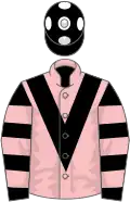 Pink, black chevron, black and pink hooped sleeves, black cap, white spots