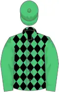 Emerald green and black diamonds, emerald green sleeves and cap