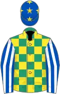 Emerald green and yellow check, royal blue and white striped sleeves, royal blue cap, yellow stars