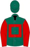 Dark green, red hollow box, red sleeves, dark green cap