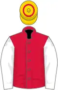 Crimson, white sleeves, gold cap, crimson hoop