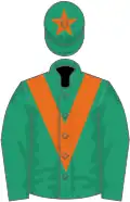 Emerald green, orange chevron and star on cap