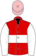 Red, white hoop, white sleeves, pink cap