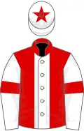 Red, white stripe, white sleeves, red armlets, white cap, red star