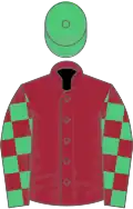 Maroon, emerald green and maroon check sleeves, emerald green cap