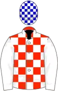 Scarlet and white check, white sleeves, blue and white check cap